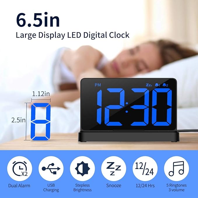 NOKLEAD Digital Alarm Clock for Bedroom, Large 6.5in LED Display with Snooze, 2 Alarms, USB Charging, 5 Ringtones, 3 Volume, Easy to Use Dimmable Clock for Kids, Seniors, Adults