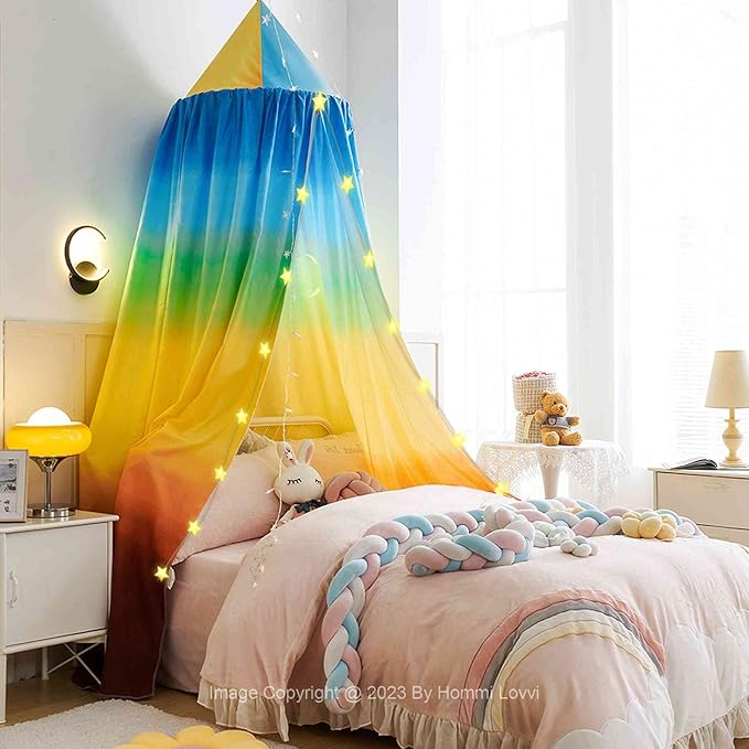 Rainbow Print Kids Bed Canopy, Girls Princess Canopy Dreamy Room Decor, Soft Hanging Reading Nook Play Tent Canopy, Extra Large Full Size with String Light