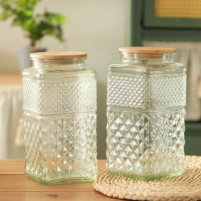 0.87 Gallon /111.5oz Glass Jar with Bamboo Lid, Large Cookie Jar, Glass Food Storage Container, Large Kitchen Canisters for Flour, Cereal, Coffee, Pasta and Canning, Square Mason Jars