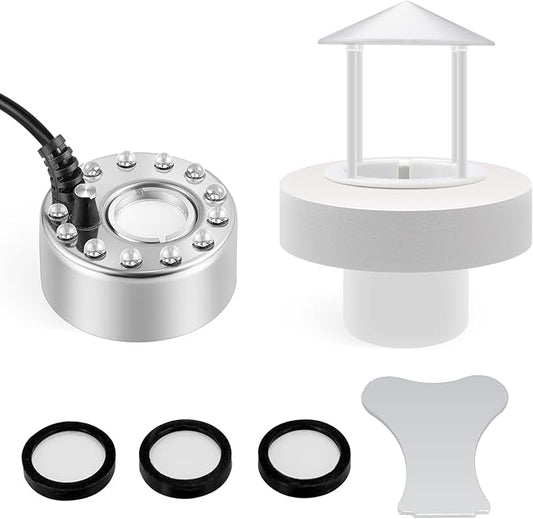 Mxmoonant 350ml/H Ultrasonic Mist Maker Fogger Metal 12 LED Lights Mister with Removable Splash Guard & Ceramic Discs for Water Fountain Pond Pot Rockery Sink