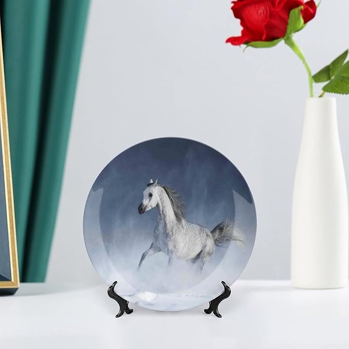 Ceramic Plates, Arabian Decorative Ceramic Plates, Arabian Horse Galloping During a Snowstorm Stallion, 7 Inch, Household Plates Decorative, Night Blue
