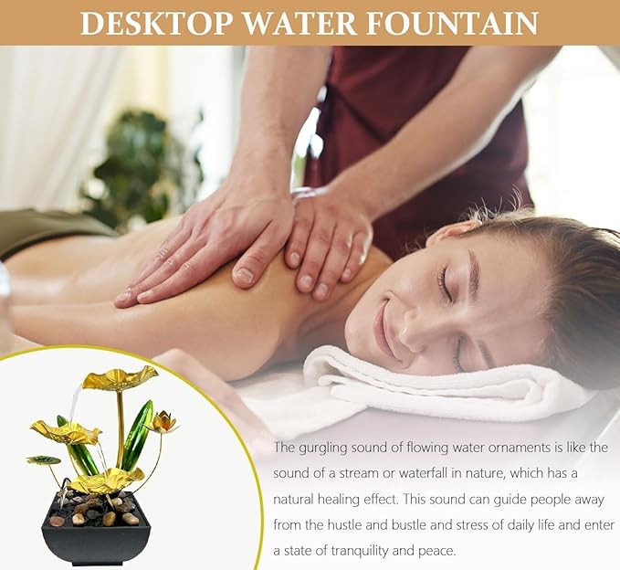 Desk Water Fountain Indoor Tabletop Mini Waterfall 3 Level Lotus Leaf Fountain Flowing Water Landscape Decor for Bedroom, Office, Living Room