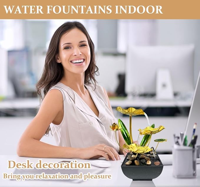 Desk Water Fountain Indoor Tabletop Mini Waterfall 3 Level Lotus Leaf Fountain Flowing Water Landscape Decor for Bedroom, Office, Living Room