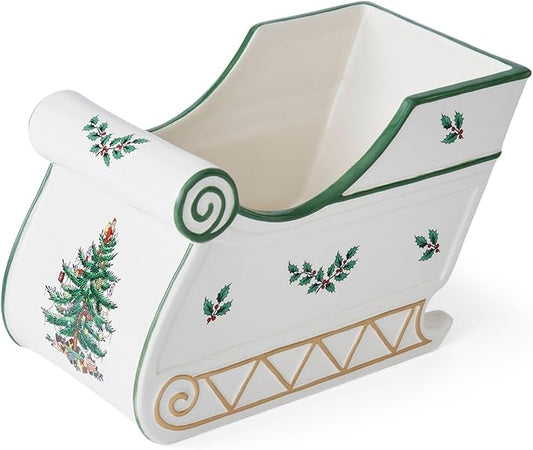 Spode Christmas Tree Figural Sleigh, 7.5" Dolomite Decorative Holiday Sleigh for Christmas Table Decor, Candy Holder, Snack Dish - Holiday Serveware & Festive Decorations