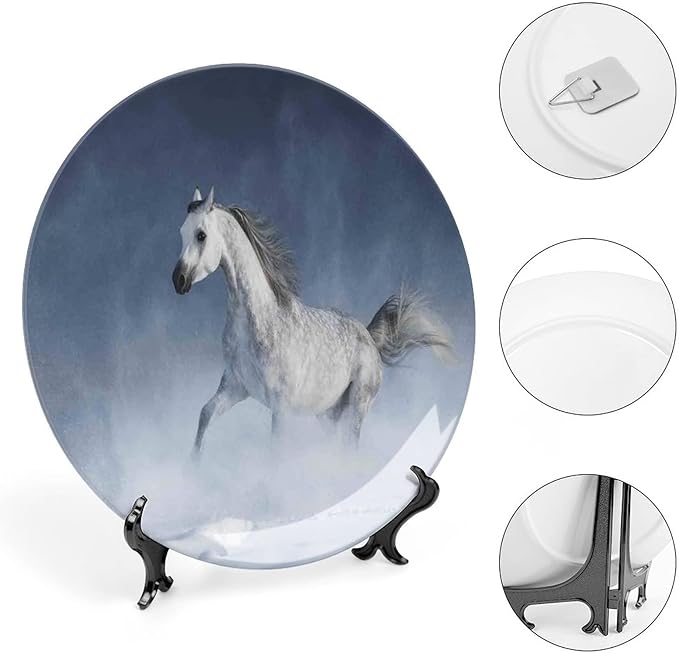 Ceramic Plates, Arabian Decorative Ceramic Plates, Arabian Horse Galloping During a Snowstorm Stallion, 7 Inch, Household Plates Decorative, Night Blue
