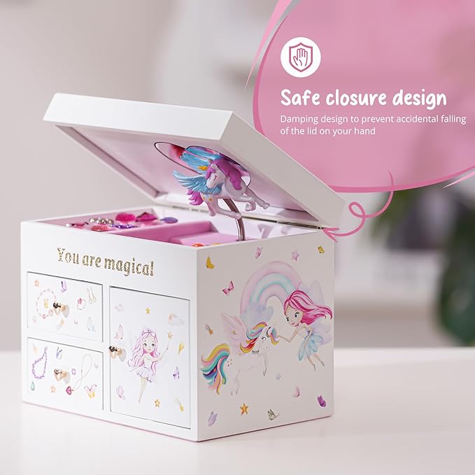 Lolalet Wooden Jewelry Box with Unicorn for Girls, Musical Children's Jewelry Organizer, Gift for Toddler Age 2 3 4 5 6 7 8 9 on Birthday -White