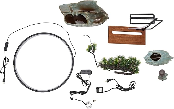 Ceramic Tabletop Fountain with Wood Stand, Indoor Waterfall Feature for Home Office Desk,Desktop Water Fountain Asian Zen Decor with LED Light for Relaxation