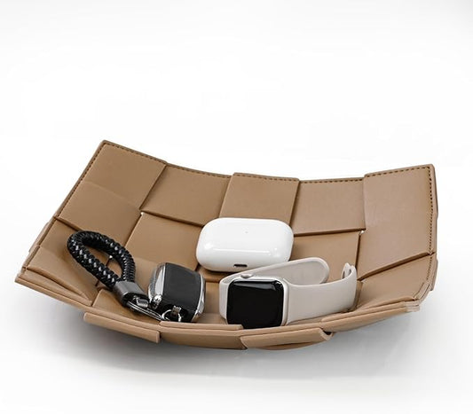 Valet Tray PU Leather Key Holder Bowl for Men and Women Entryway Table Nightstand Catchall Storage Organizer Tray for Wallet, Keys, Jewelry, Coins - Coffee, 9.8" L x 9.8" W x 2" H