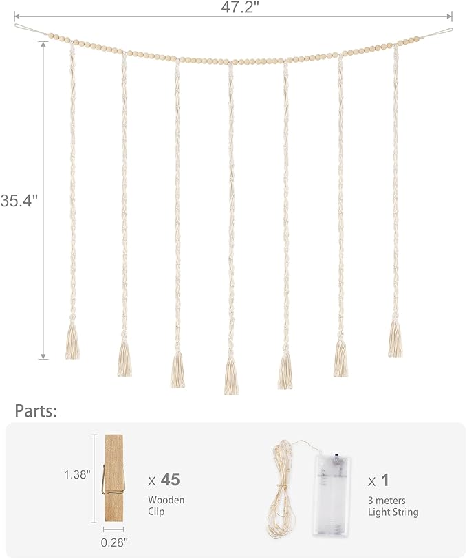 Mkono Macrame Hanging Photo Display Wall Decor with String Lights, Boho Wooden Beads Garland Collage Picture Card Frame Holder with 45 Clips for Bedroom Living Room Dorm, Teen Girls Christmas Gifts