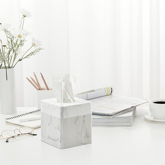 White Tissue Box Cover Square Resin Tissue Holder for Home Decor, Hand Poured Marble Ribbed Cube Tissue Box Holder – 5.5 Inch Heavy Duty Luxury Tissue Box Case for Bathroom, Living Room, Office