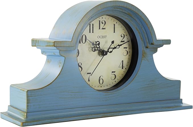 OCEST Vintage Farmhouse Mantel Clock - 13 x 7 Inch Quartz Gilt Finish Battery Operated, Contemporary Napoleon Classic Desk & Shelf Décor for Living Room Office Tabletop Bedside (Azure Blue)