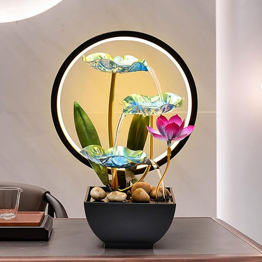 Water Fountain Indoor Waterfall Fountain Tabletop Fountain Lotus Desk Fountains mall Water Fountain Indoor Mini Waterfall Waterfall Iron Home Decor for Office Decoration (Golden B)