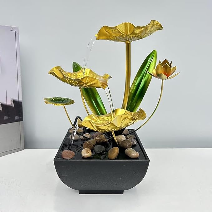 Desk Water Fountain Indoor Tabletop Mini Waterfall 3 Level Lotus Leaf Fountain Flowing Water Landscape Decor for Bedroom, Office, Living Room