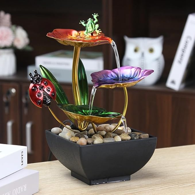 TiCin USB-Powered 3 Tier Tabletop Fountain, Metal Pedals with Insects, Natural River Rocks, and Reflective Lighting! for Home and Office Decor, Housewarming Sculpture