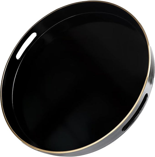 Black Round Decorative Tray with Handles, 13" Versatile Serving Tray for Coffee Table, Ottoman, Ideal for Serving, Displaying, Organizing