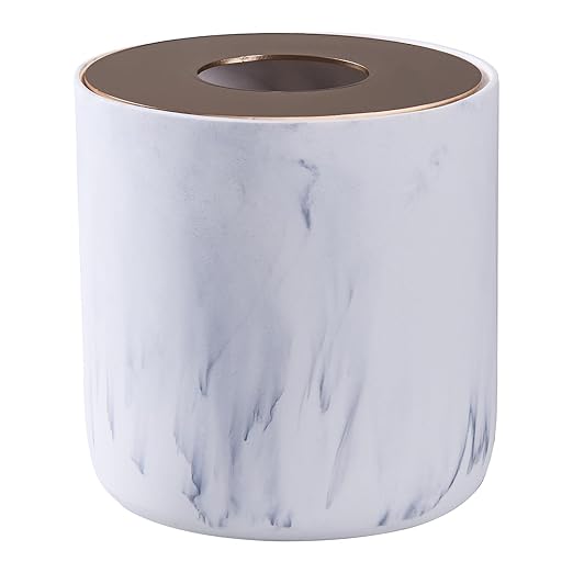 White Marble Textural Mini Trash Can with Rose Gold Stainless Steel Lid, Small Countertop Trash Can for Bathroom Kitchen,Desk Trash Can,Table top Mini Garbage Cans,Resin Tiny Waste Basket for Vanity