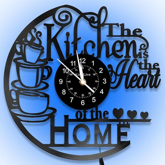 KingLive Kitchen Wall Clock with 7 Colors LED Light, Vintage Style Coffee Theme, Kitchen Coffee Bar Vinyl Record Decor