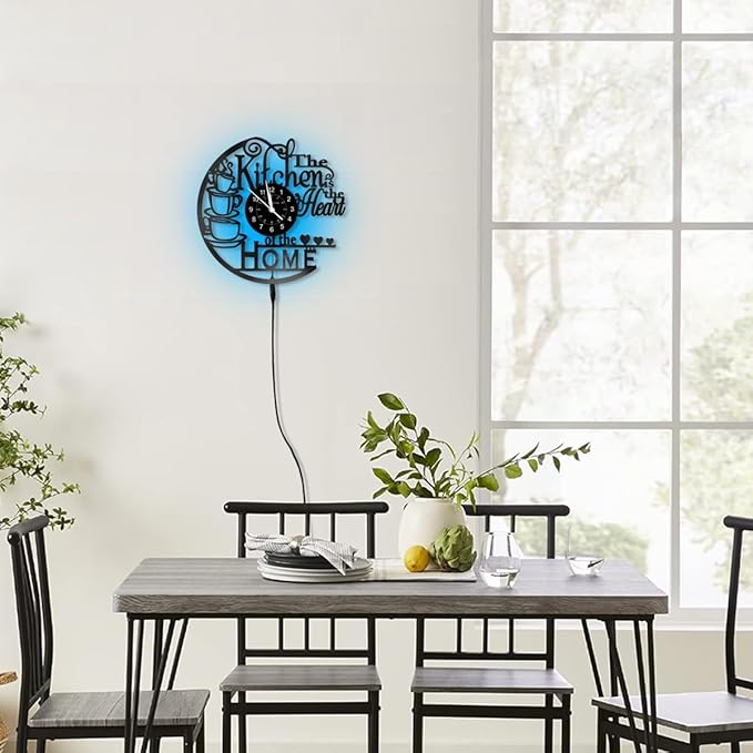 KingLive Kitchen Wall Clock with 7 Colors LED Light, Vintage Style Coffee Theme, Kitchen Coffee Bar Vinyl Record Decor