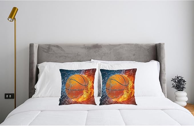 Swono Basketball Pack of 2 Decorative Throw Pillow Covers Cushion Covers, Sport Basketball Ball in Water and Fire Couch Pillow Case Boho Cushion Pillowcase for Bedroom Sofa Living Room 18X18 Inches