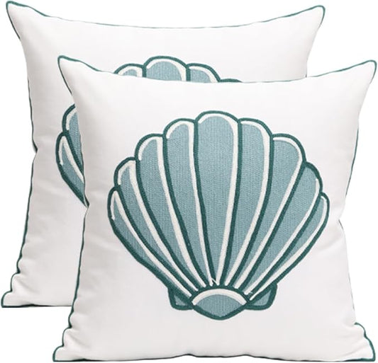 1 PCS Embroidered Throw Pillow Cover Cotton Decorative Square Cushion Cases for Home Sofa Bed and Chair 18 x 18 Inch (Blue Sea Shell-2)