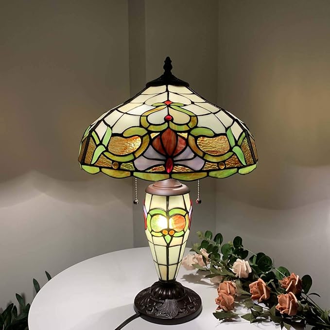 Bieye L10800 Baroque Tiffany Style Stained Glass Table Lamp with Lit Base for Bedside Living Room Bedroom, 14" W x 21" H