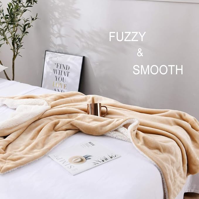 NANPIPER Reversible Sherpa Flannel Blanket Super Soft Fuzzy Lightweight Fleece Microfiber for Bed/Couch (50"x60",Beige)