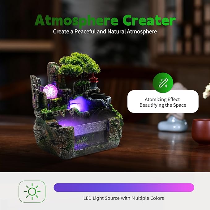 Tabletop Water fountainRockery Tabletop Fountain Indoor Waterfall with an Atomizer Elaxation Water Feature Meditation with LED Light for Desktop Home Office Decor