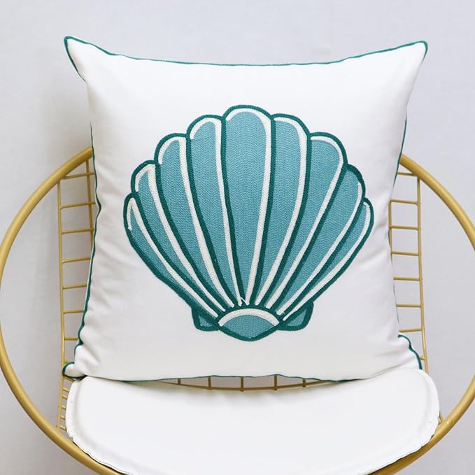 1 PCS Embroidered Throw Pillow Cover Cotton Decorative Square Cushion Cases for Home Sofa Bed and Chair 18 x 18 Inch (Blue Sea Shell-2)