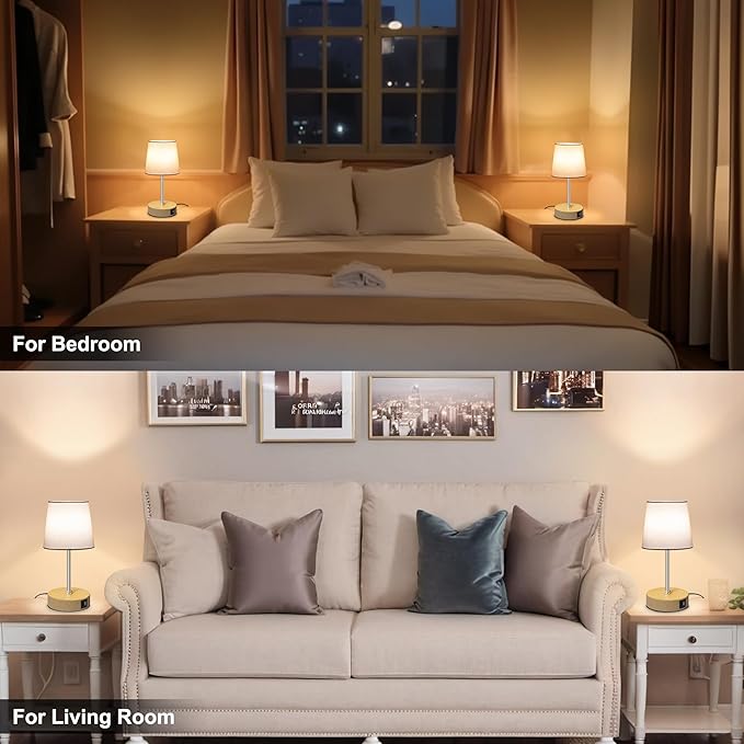 Ascher Small Bedside Table lamp Set of 2, RGB Color Changing Lamps, 3 Color Temperatures, Stepless Dimmable, Nightstand Lamp with USB C+A Ports for Bedroom Living Room, (White Shade, Wood Grain Base)