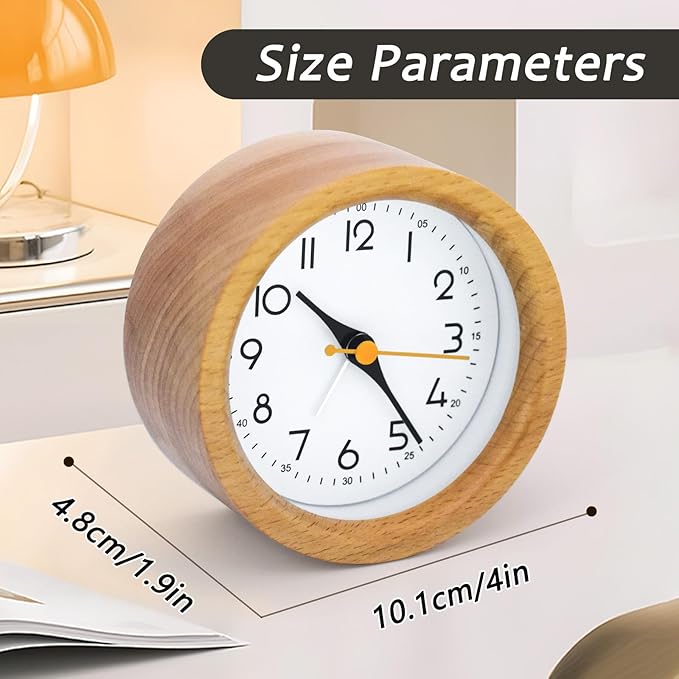 4'' Natural Wooden Analog Alarm Clock with Soft Night Light - Battery Operated Non-Ticking Silent Tabletop Minimalist Desk & Bedside Clock for Bedrooms Living Room Home Office Decor