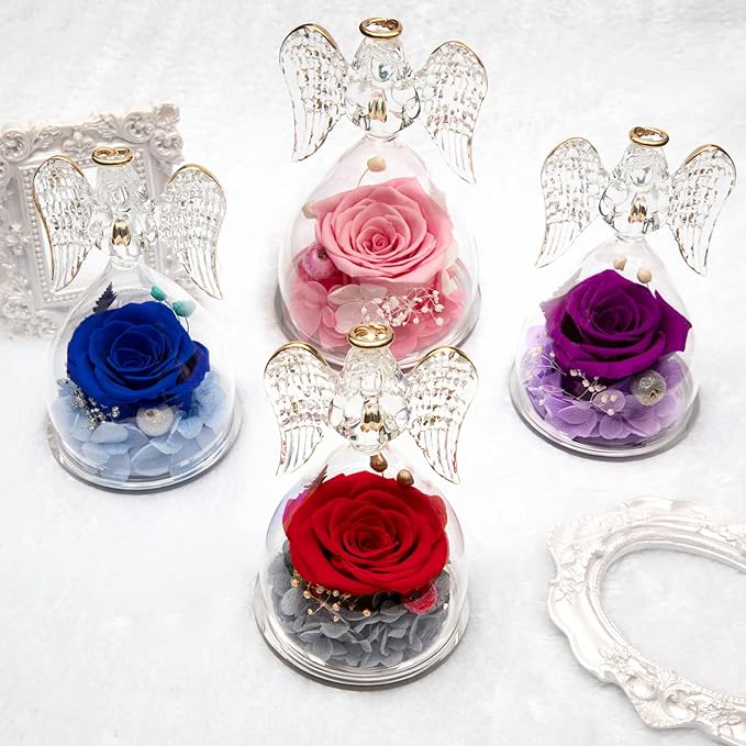 Yamonic Mom Birthday Gifts for Mom, Angel Figurines with Real Rose Gifts for Her Mom Grandma,Preserved Flowers Rose Angel Figurines for Mothers Day Christmas Anniversary Birthday Gifts for Her (Blue)