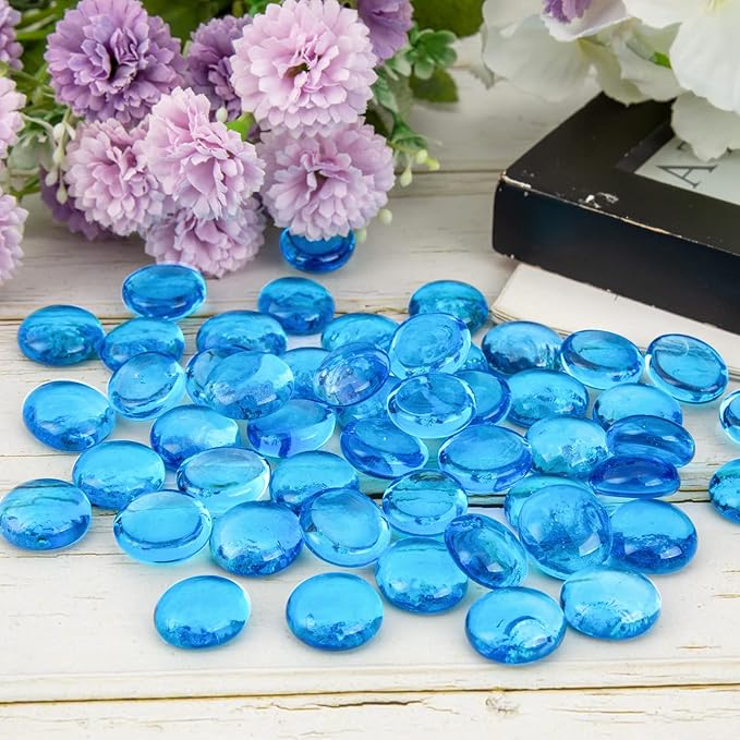FUTUREPLUSX 5Lb Flat Glass Marbles, Glass Beads Cerulean Flat Gems Aquarium Pebbles Vase Filler Table Scatter Decor