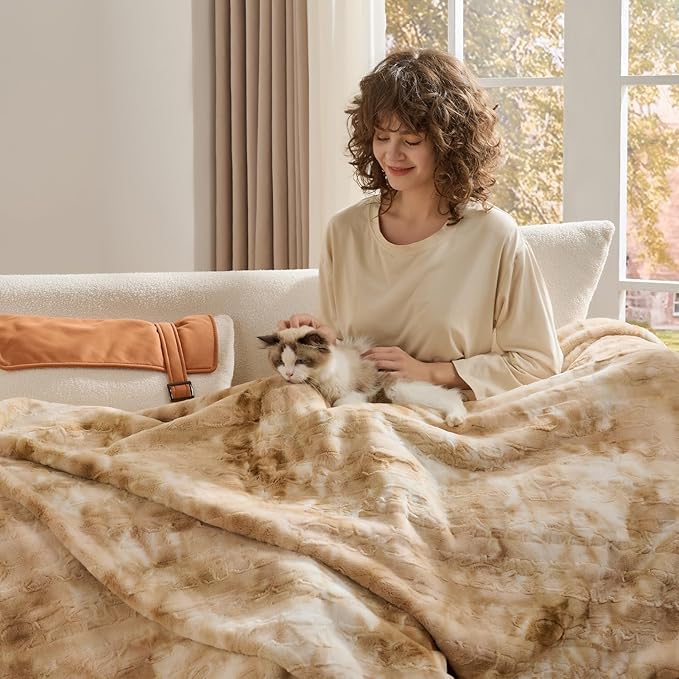 Krifey Faux Fur Blanket for King Size Bed, 3D Texture Soft Cozy Fuzzy Plush Warm Blanket, Christmas Birthday Gifts for Women Mom Girlfriend Men, Room Decor, Marbled Beige, 108x90in