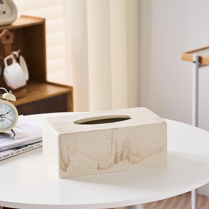 Natural Travertine Textures Tissue Box Cover Rectangular (Only Suitable for Standard Sized Tissue Box) for Decor,Resin Tissue Box for Bathroom Countertop,Bedside,Office（Made of Resin, Height of 4 in