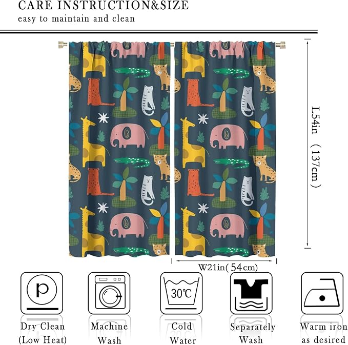 Nursery Safari Animals Curtains Baby Boy Kids Woodland Jungle Forest Lion Elephant Printed Curtains for Living Room Bedroom Window Drapes Fabric 2 Panels 42 (W) X 54(H) Inch