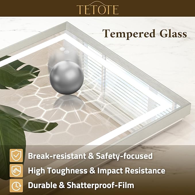 TETOTE 60 x 28 Large Bathroom Mirror Brushed Nickel Metal Frame Frontlit & Backlit Vanity Mirror 3 Colors White/Warm/Natural Stepless Dimmable Anti-Fog Bathroom Mirrors for Vanity Wall-Mounted