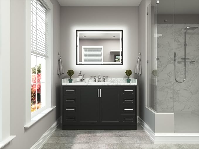 TETOTE 40 x 30 Bathroom Mirror Brushed Black Metal Frame Frontlit & Backlit Vanity Mirror 3 Colors White/Warm/Natural Stepless Dimmable Anti-Fog Bathroom Mirrors for Vanity Wall-Mounted