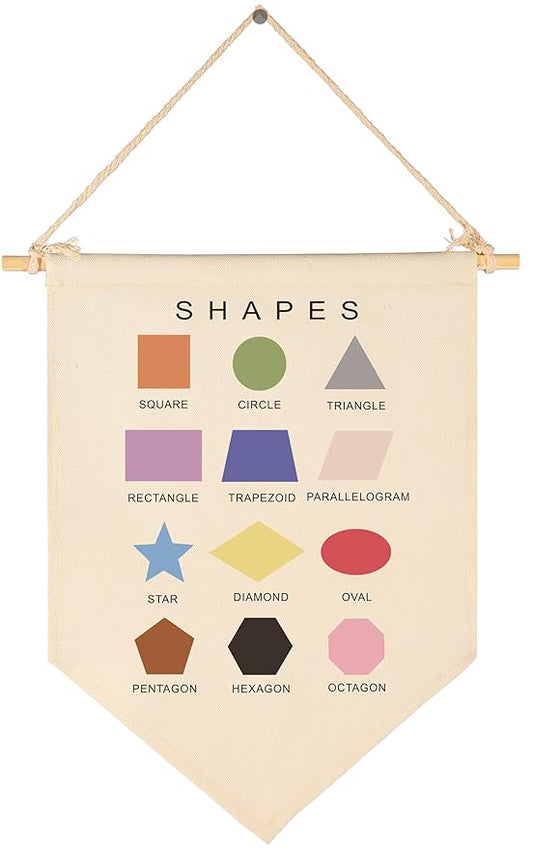 Shapes Learning-Sign Above Crib-Flag Wall Decor Gifts for Baby Boys Girls Kids-Canvas Hanging Pennant Banner Wall Decor Gifts for Nursery Classroom Baby Room Playroom Homeschool Reading Room Bedroom