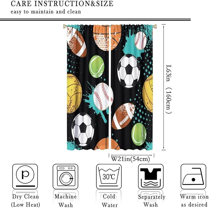 JESTRONRY Sport Window Curtains,Abstract Basketball Football Soccer Rugby Baseball Sports Theme Home Fabric Living Room Kids Boys Girls Teens Bedroom Home Decor Blackout Drapes W42xL63in