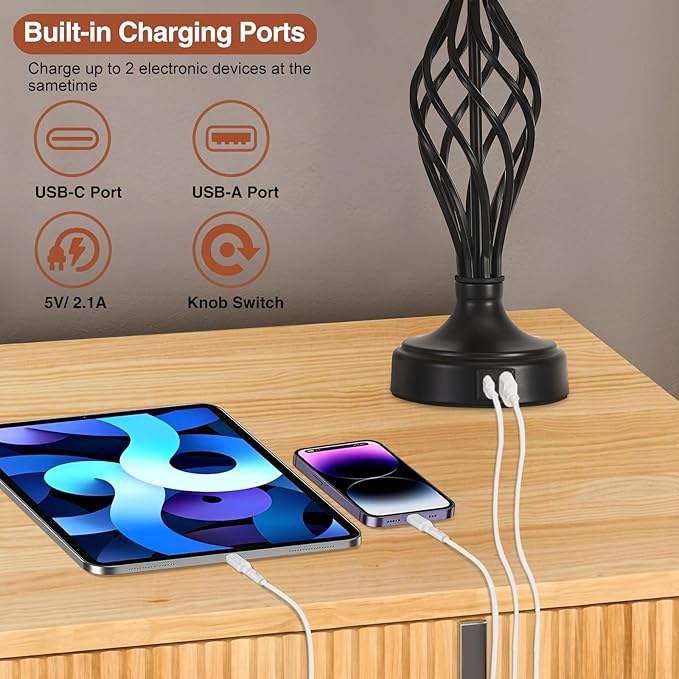 Table Lamp for Bedroom Set of 2 with USB C+A Ports, Modern Bedside Lamps with Spiral Cage Base, Fabric Shade, Nightstand Lamp for Living Room Reading Bed Side End Table, 2 LED Bulbs Included Black