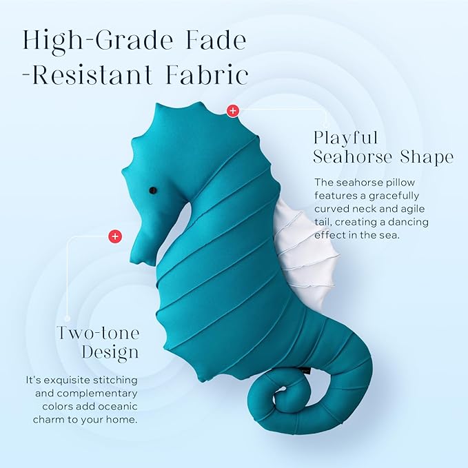 Phantoscope Outdoor Sea Horse Shaped Throw Pillow, Decorative Waterproof Pillows for Outdoor Patio Furniture, Beach Cushion Pillows, Lake Blue 23 x 9.5 Inches