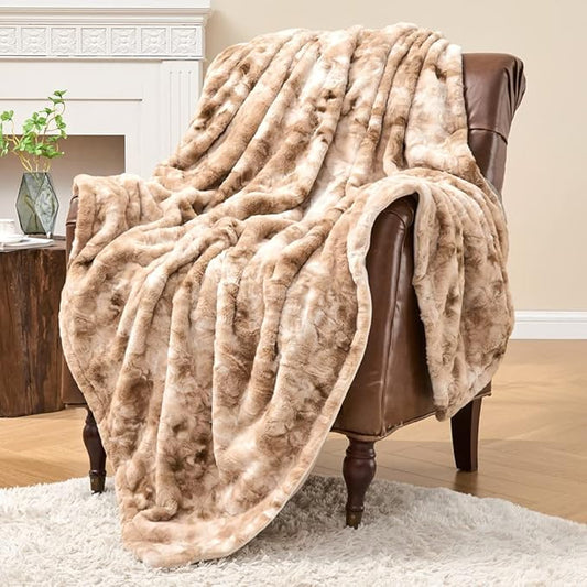 Krifey Faux Fur Throw Blanket, Super Soft Cozy Blanket, Luxury Fluffy Blanket Warm Bed Throw, Plush for Women, Marbled Beige 50" x 60"