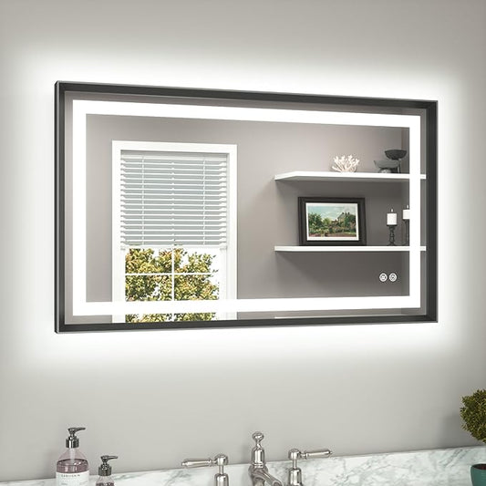 TETOTE Led Bathroom Mirror 40 x 24 with Brushed Black Frame Anti-Fog Frontlit & Backlit Vanity Mirror Stepless Dimmable Lighted Mirrors for Bathroom Wall 3 Colors White/Warm/Natural Wall-Mounted