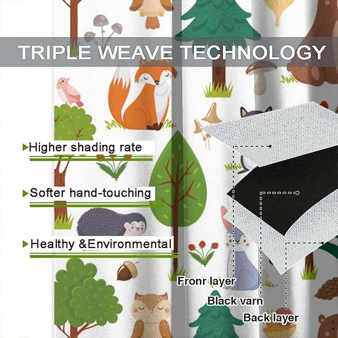 Kids Forest Animals Curtains Woodland Children's Cute Cartoon Funny Nursery Jungle Safari Leaves Nature 2 Panels Window Treatment Set for Living Room Decor 42X63 Inches