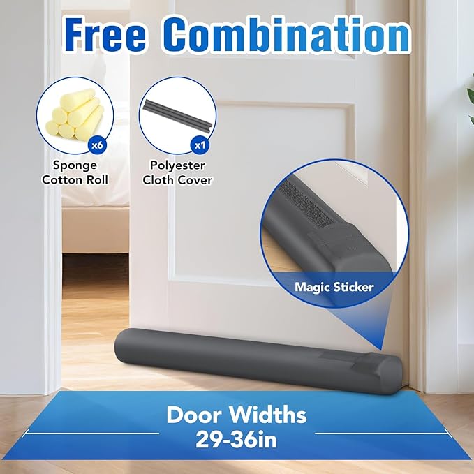Under Door Draft Stopper for Bottom of Door, Weather Stripping Door Seal, Covers Gap Up to 2.36", Adjustable Door Sweep for Interior Doors and Exterior Cold Air, Noise, Dust, Light (Gray)