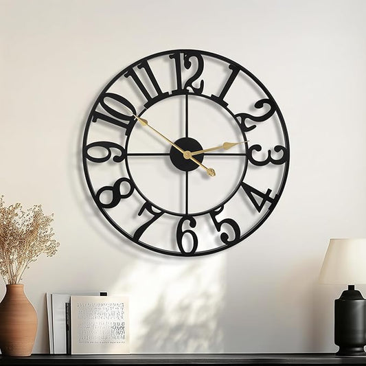 Large Wall Clocks for Living Room Decor, 16 Inch Round Black Metal Silent Non Ticking Battery Operated Jumbo Numerals Modern Vintage Decorative Clock Wall for Bedroom,Kitchen,Office,Farmhouse