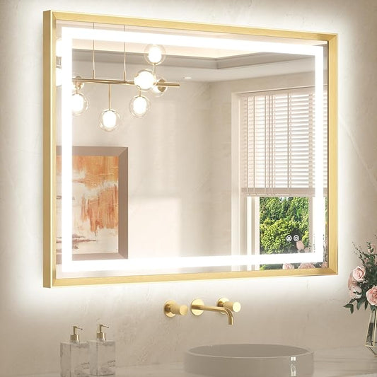 TETOTE 40 x 32 Led Mirror Brushed Gold Metal Frame Frontlit & Backlit Vanity Mirror Anti-Fog Stepless Dimmable 3 Colors White/Warm/Natural Wall Mirror with Lights Wall-Mounted