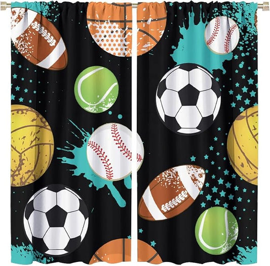 JESTRONRY Sport Window Curtains,Abstract Basketball Football Soccer Rugby Baseball Sports Theme Home Fabric Living Room Kids Boys Girls Teens Bedroom Home Decor Blackout Drapes W42xL45in
