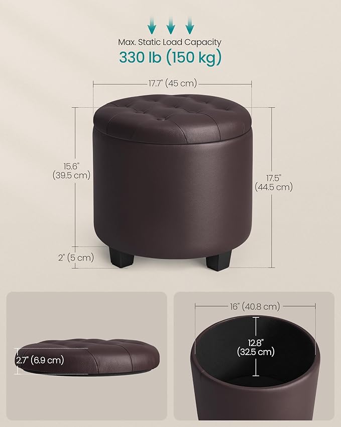 SONGMICS Round Ottoman, Ottoman with Storage, 17.7 x 17.7 x 17.5 Inches, Foot Rest with Legs, Synthetic Leather, Load up to 330 lb, for Living Room, Bedroom, Chestnut Brown ULOM014K01