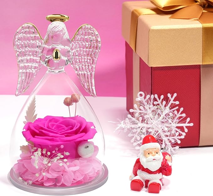Yamonic Birthday Gifts for Mom,Christmas Angel Figurines with Real Rose Gifts for Her Mom Grandma,Preserved Flowers Rose Glass Angel Figurine for Mothers Day Christmas Birthday Gifts for Her(Hotpink)